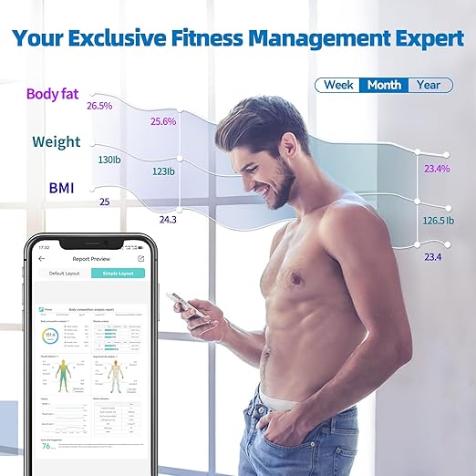 Lepulse Body Composition Scale, 8 Electrode Bathroom Smart Scale with Bmi, Body Fat, Muscle Mass, Scale for Body Weight and Fat with 20 Body Fat Scale, Large Color Display and Report (White)