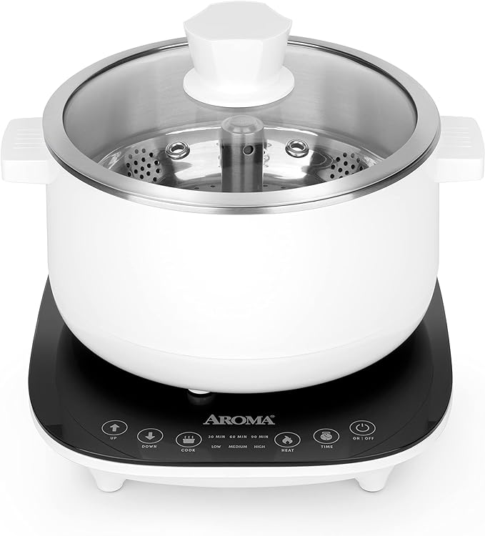 Aroma Housewares 2.5-Liter Smart Electric Hot Pot & Rapid Boil Steamer with Automatic Stainless Steel Steamer Basket Lift, White, ASP-700