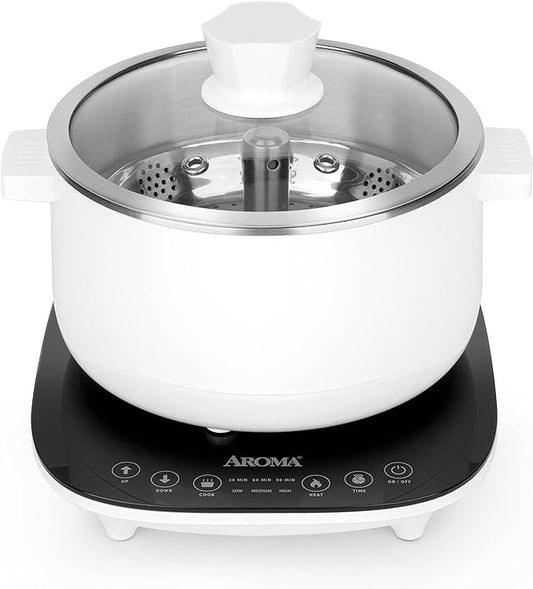 Aroma Housewares 2.5-Liter Smart Electric Hot Pot & Rapid Boil Steamer with Automatic Stainless Steel Steamer Basket Lift, White, ASP-700