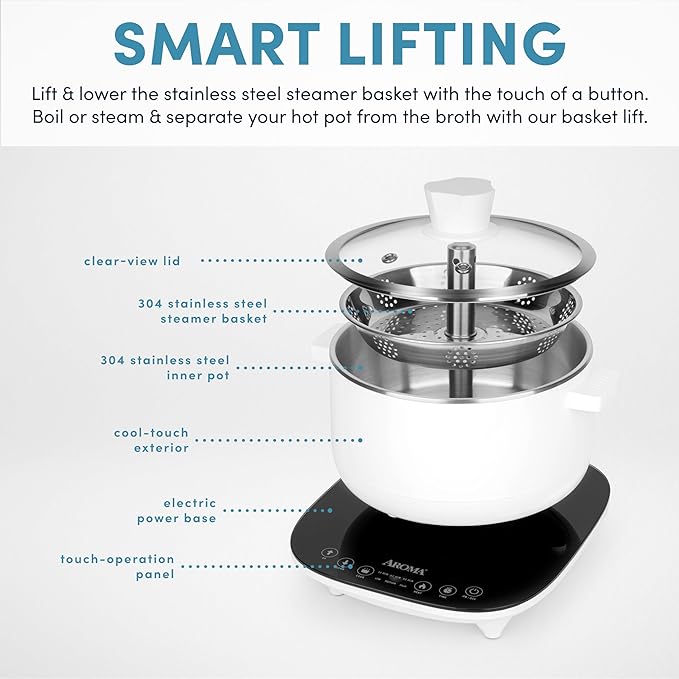 Aroma Housewares 2.5-Liter Smart Electric Hot Pot & Rapid Boil Steamer with Automatic Stainless Steel Steamer Basket Lift, White, ASP-700