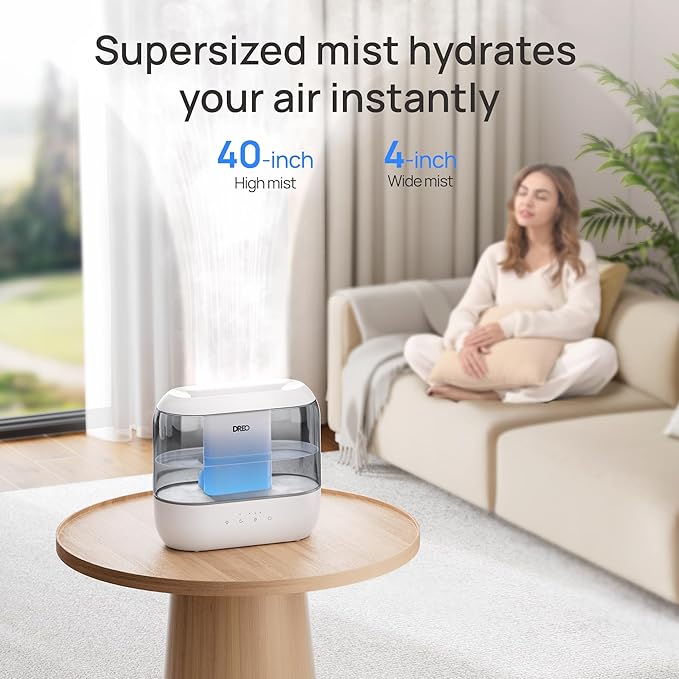 Dreo 4L Humidifiers for Bedroom, Quiet Supersized Cool Mist Ultrasonic Humidifier with Diffuser, 60 Hour Runtime for Home, Nursery, Plant, Gray