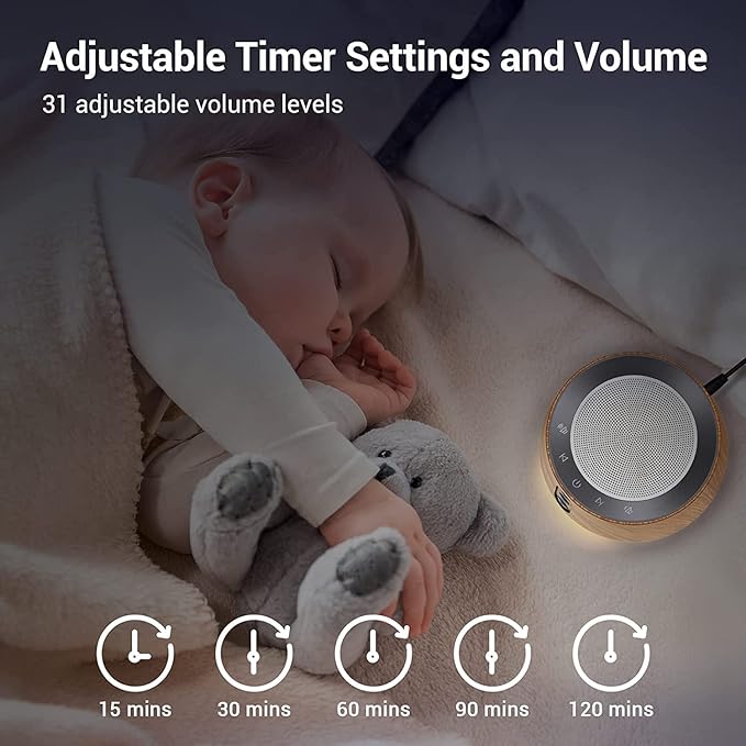 BGOVERSS White Noise Sound Machine with 14 Soothing Sounds and 10 Levels Night Light for Sleeping, 5 Timers and Memory Feature Plug in Sound Machine for Nursery Baby Kids Adults, Wood