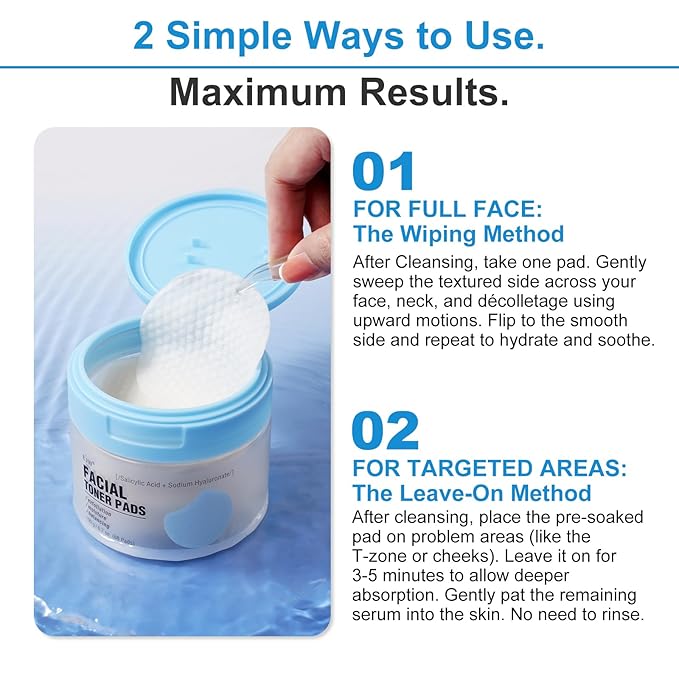 Exfoliating Toner Pads 88 Count - 1% Salicylic Acid (BHA) + Sodium Hyaluronate - Gentle Daily Pads for Acne & Blackheads, Pore Refining, for Sensitive & Oily Skin