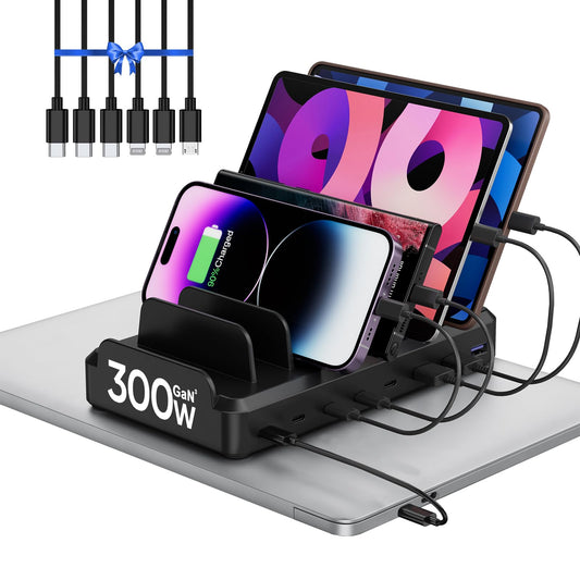 300W Charging Station for Multiple Devices, 8 Port Multi USB C Fast Charger Station Dock for MacBook iPhone 16/15/14/13/12 Samsung Pixel Series iPad, Black (6 Mixed Short Cables Included)
