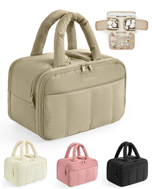 BAGSMART Travel Toiletry Bag, Puffy Large Toiletry Bag for Women, Lightweight Cosmetic Makeup Bag Organizer with Handle for Traveling, Accessories, Essentials, Toiletries （Beige