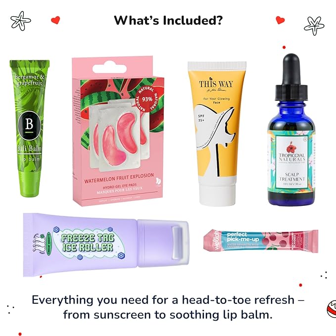 VEGANCUTS Complete Skin Rescue Self-Care Set – Face Sunscreen, Watermelon Hydro-Gel Eye Pads, Grapefruit Lip Balm, Scalp Treatment, Freeze Tag Ice Roller, Black Cherry Mist | Holiday Gift Jet