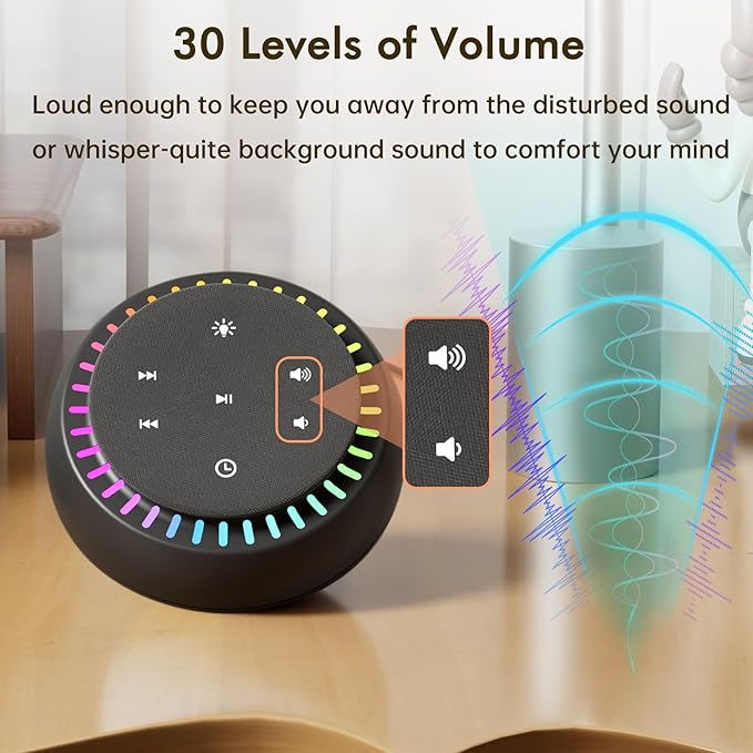 DreamSky White Noise Sound Machine with 26 Soothing Sounds & 30 Level Volume, RGB Night Light, Brown Noise for Sleeping Adults, Baby, Kids Sleep, Auto-Off Timer, USB-C Powered for Home Office Travel