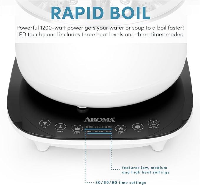 Aroma Housewares 2.5-Liter Smart Electric Hot Pot & Rapid Boil Steamer with Automatic Stainless Steel Steamer Basket Lift, White, ASP-700