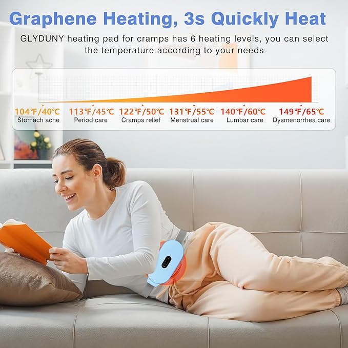Heating Pads, Period Cramp Massager Portable Cordless Heating Pad with 6 Heat Levels and 6 Massage Modes for Back Pain Relief Menstrual Heating Pad (Blue)