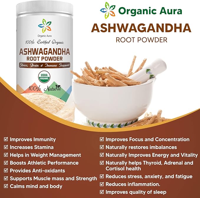 Certified Organic Ashwagandha Root Powder 16Oz -1Lb. Natural Stress, Brain and Immune Support. Enhances Overall Health. Raw Superfood. 100% Natural Herbal