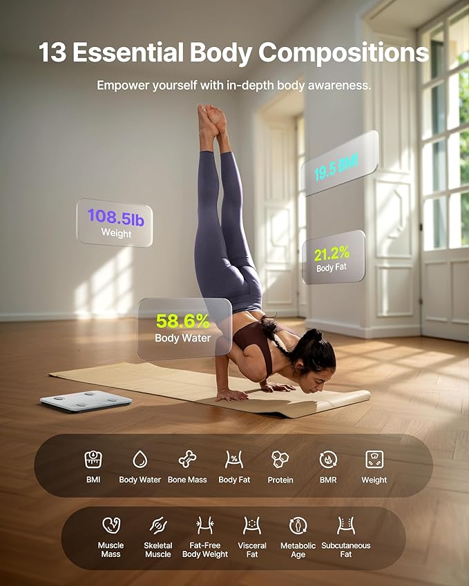 FITINDEX Smart Scale for Body Weight, Scale with BMI, Body Fat, Muscle Mass, Bluetooth,13 Body Composition Analyzer, Sync APP, Digital Bathroom, FSA HSA Eligible, 400lb, White
