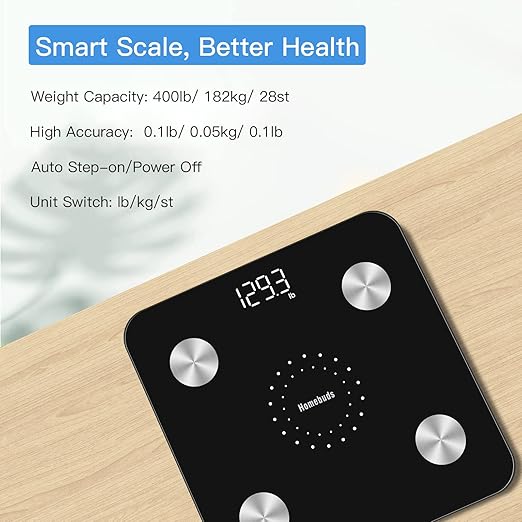 Homebuds Digital Bathroom Scale for Body Weight and Body Fat, Weighing Professional Since 2001, Body Composition Monitor Professional for BMI Fat Water Muscle with App, 400lb, Black