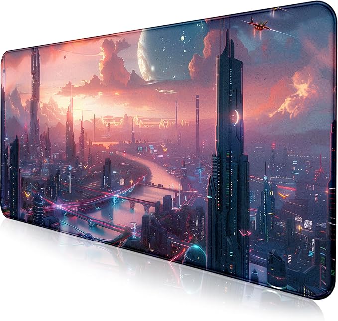 Digital Anime City Night View Office Art Desk Mat, Female Aesthetic Style