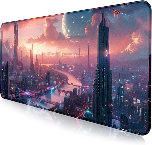 Digital Anime City Night View Office Art Desk Mat, Female Aesthetic Style