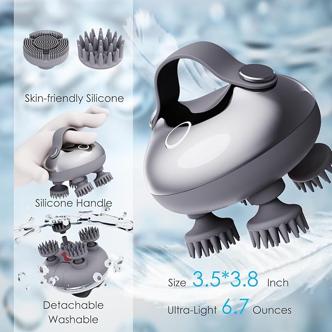 Electric Scalp Massager Hair Growth, IPX7 Waterproof Rechargeable Head Massager Scalp Stress Relax, Portable Handheld Hair Scalp Massager with 8 Removable Massage Claws(Silver)