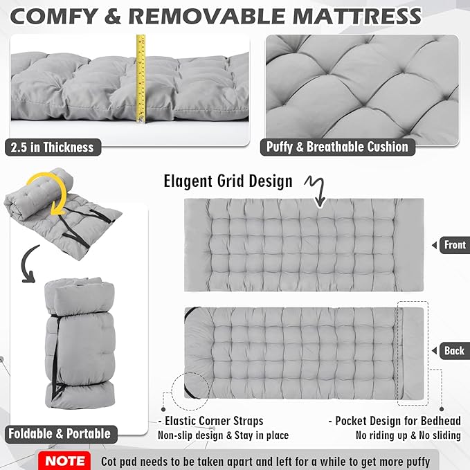 Folding Camping Cot 28inch w/Mattress, Heavy Duty Portable Sleeping Cot with Carry Bag, Double Layer Oxford Travel Camp Cots for Outdoors & Indoors, Suit for Adults Kids，Grey