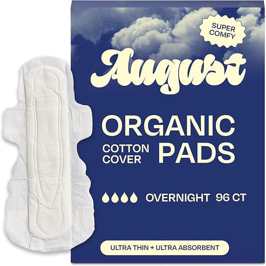 August Overnight Pad with Wings, Overnight Pads for Women and Anyone Who Menstruates, 96 Long Pads with Compostable Wrappers, Toxin Free, Fragrance Free, and Hypoallergenic (6 Boxes of 16)