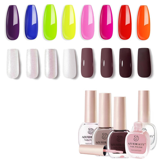 AZUREBEAUTY Nail Polish Set Vegan 4 Colors Fall Winter Brown Pink Glitter Nail Polish Quick Dry Natural Nail Lacquer Fingernail Strengthening Treatment Kit with Top Coat DIY
