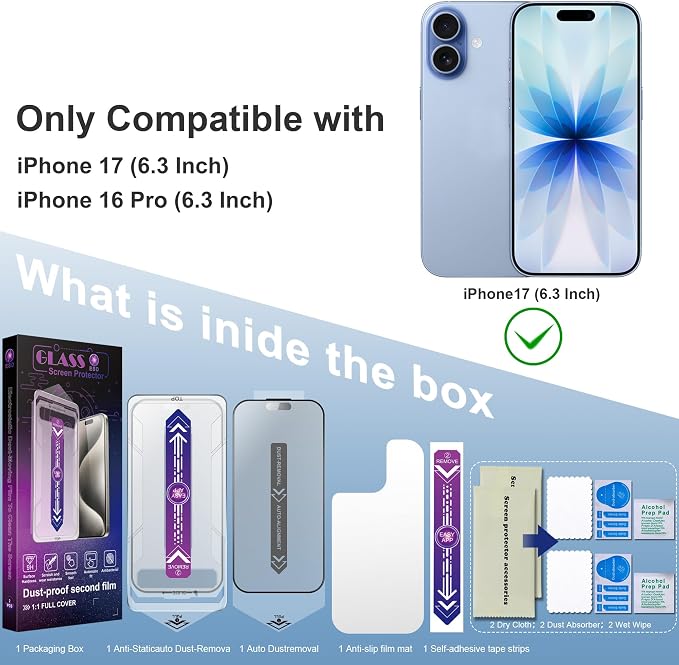 Matte Screen Protector for iPhone 17, iPhone 16 Pro 6.3-Inch, Auto Dust Removal