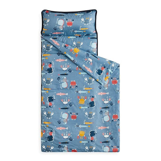 Wake In Cloud - Toddler Nap Mat with Pillow and Blanket, 100% Cotton Fabric, for Kids Boys Girls in Daycare Kindergarten Preschool, Roll Up Sleeping Bag, Blue Sea World, Standard