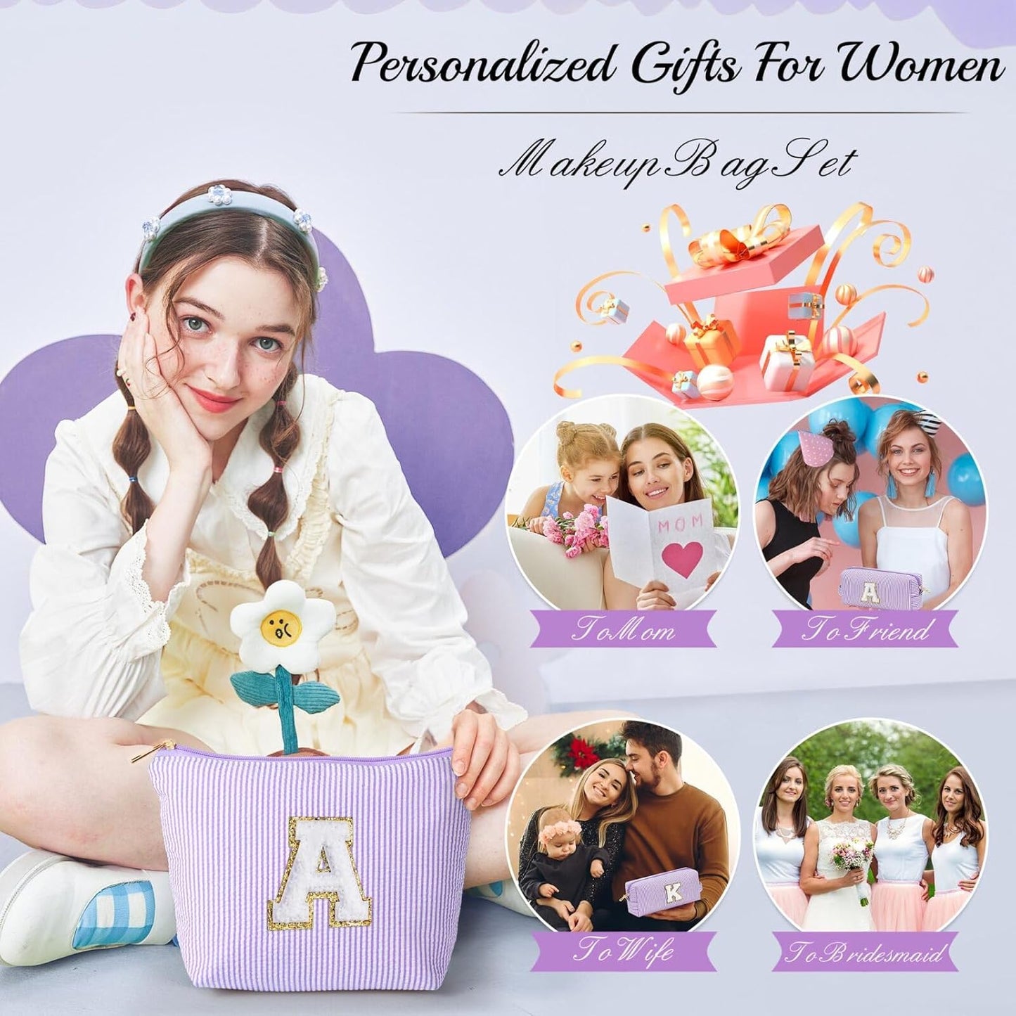 YOOLIFE Birthday Gifts for Women Mom - Makeup Bag Gifts Idea for Her Mom Teacher | Personalized Cute Initial Makeup Bag Pouch for Women Friends Female Girlfriend Wife | Cosmetic Travel Toiletry Bag I