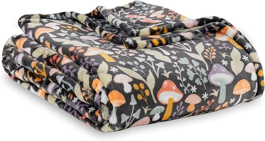 Berkshire Blanket-Classic Heavyweight Warm Soft Printed VelvetLoft® Plush Blanket, King Size Soft Fuzzy Blanket for Couch Sofa Bed, Mushroom Cutie Charcoal, 90in x 108in