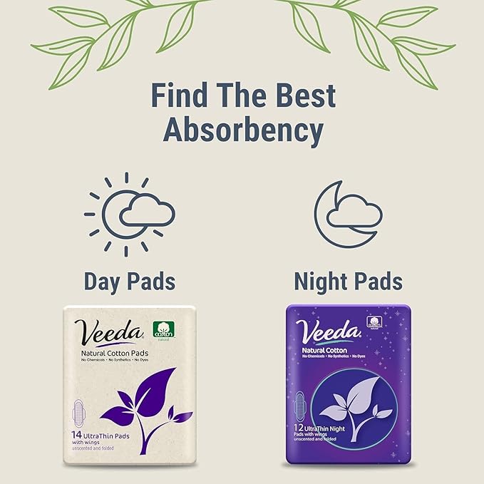 Veeda Natural Cotton Night Pads for Women - Overnight Heavy Flow Absorbent Ultra-Thin Feminine Pad - Hypoallergenic Period pads with Wings - Unscented & Chlorine free Sanitary Napkins - 12 Count