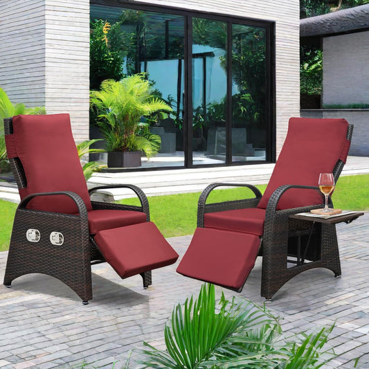 ATR ART TO REAL Outdoor Recliner Chairs, PE Wicker Reclining Lounge Chair with Removable Soft Cushion, Adjustable Outside Recliners for Patio, Porch, Poolside, Balcony, Lawn (Red, 2 PCS)