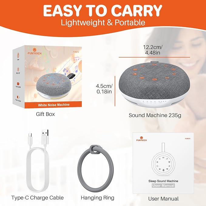 FUNYKICH White Noise Sound Machine, Portable Sound Machine for Sleep with 40 Soothing Sounds, Battery Indicator, Timer & Night Light, Sound Therapy White Noise Machine for Adults Baby Kids(Darkgray)