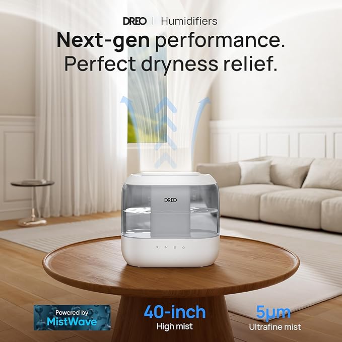Dreo 4L Humidifiers for Bedroom, Quiet Supersized Cool Mist Ultrasonic Humidifier with Diffuser, 60 Hour Runtime for Home, Nursery, Plant, Gray