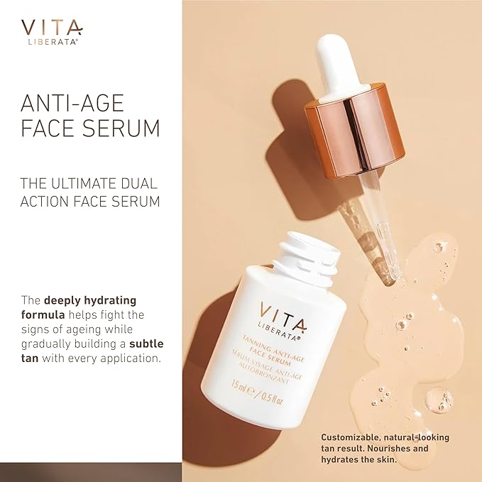 Vita Liberata Anti-Age Face Serum - Dual Action Serum, Deeply Nourishing & Hydrating, Customizable Tan, Formulated with Bakuchiol & Organic Botanicals, 30ml / 0.5 fl oz