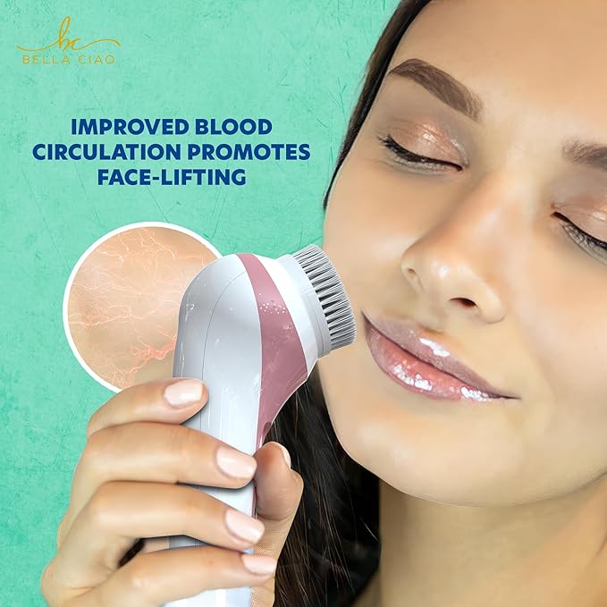Bella Ciao 5-Piece Sonic Facial Cleansing Brush Set, Pink | Battery Operated Face Scrubber Exfoliator, Makeup Remover Skin Care Tools w/ 4 Attachments| Face Cleansing Brush, Skin Exfoliator for Body