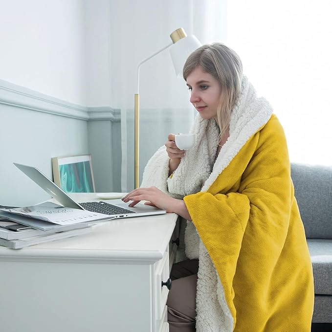 IR Imperial Rooms Ochre Sherpa Fleece Throw Blanket Twin Size for Bed - Wholesale Bulk Pack of 12 Sherpa Blankets - Soft Fluffy Throw Blankets for Hotels, Guest Bedroom (Yellow, 60x80 Inches)