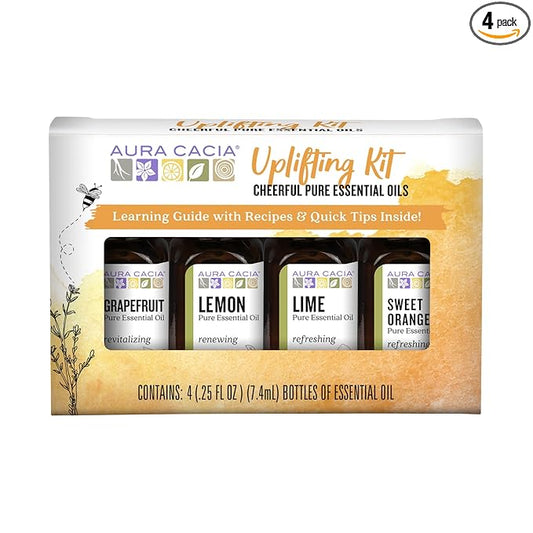 Aura Cacia Cheerful Pure Essential Oils Uplifting Kit, 0.25 fl oz 4-Pack, Grapefruit, Lemon, Lime, Sweet Orange Aromatic Oils