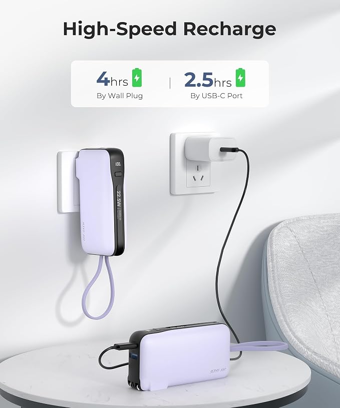 Portable Charger with Built-in USB-C Cable & Plug, 000mAh 5V/4.5A Power Bank