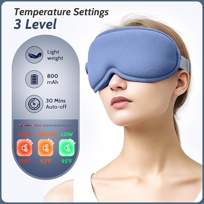 Cordless Heated Massager Eye Mask,Light Blocking 3D Sleeping Eye Mask with Heat and Vibration,Portable Rechargeable Sleep Mask,for Eye Fatigue, Better Sleep,Dry Eye Comfort