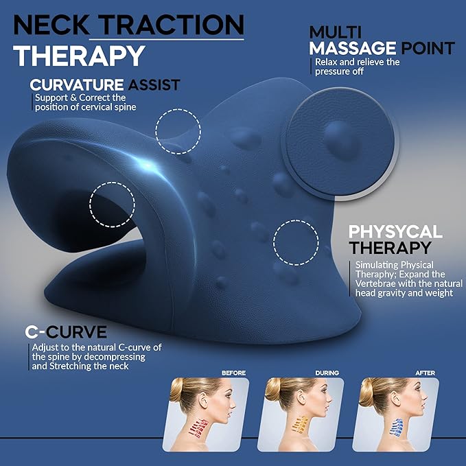 Neck Stretcher & Posture Corrector for Women and Men, FSA HSA Eligible, Cervical Traction for Spine Alignment, Adjustable Upper Back Brace & Elastic Support for Shoulder Back Pain Relief (Dark Blue)