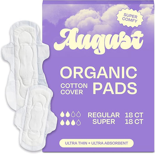 August Regular & Super Cotton Menstrual Pads, 36 (18+18) Ultra Thin Pads with Wings, Hypoallergenic Sanitary Napkins with Organic Cotton Topsheet, Compostable Wrapper, Non-Toxic, Fragrance-Free