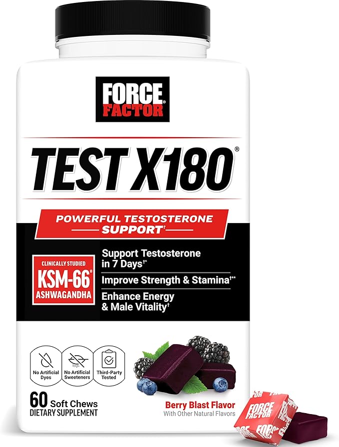 FORCE FACTOR Test X180, Testosterone Support for Men with Clinically Studied KSM-66 Ashwagandha, Boron, Vitamin D & Zinc, Support Testosterone & Performance, Berry Blast, 60 Soft Chews