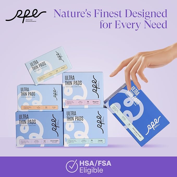 100% Organic Overnight Pads for Women, Ultra Thin Extra Heavy Flow Menstrual Sanitary Napkins with Wings Cotton Extra Coverage Period-Pads Super Absorbency Feminine Pad (Overnight, Size 5, 72 Ct)