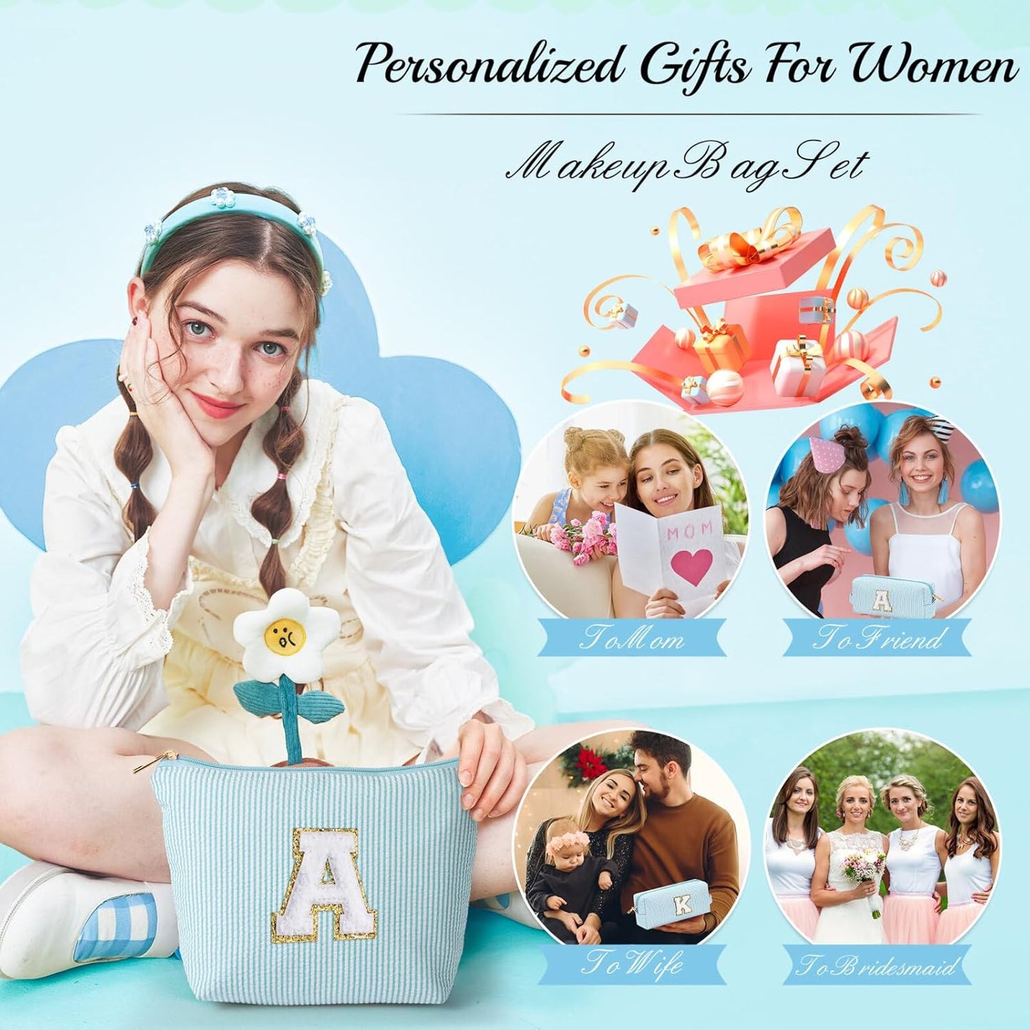YOOLIFE Birthday Gifts for Women Her - Personalized Cute Initial Cosmetic Makeup Pouch Make Up Travel Bag for Mothers Day Gifts Teacher Sister Friend Girlfriend Mothers Day Gifts for Mom D