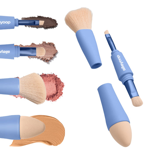 Alleyoop Multi-Tasker 4-in-1 Travel Makeup Brush Set – Compact Makeup Brushes with Blending Sponge, Eyeshadow, Eyebrow & Liner, Blush & Bronzer Brush – Mini Makeup Tools Kit for Women, Vegan