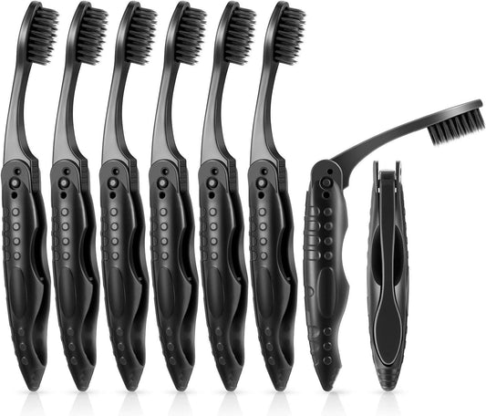 Boao 8 Packs Travel Toothbrushes Individually Wrapped Black Folding Toothbrush for Travel Camping Portable Charcoal Toothbrush with Soft Medium Bristles