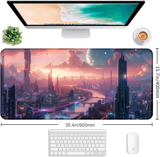 Digital Anime City Night View Office Art Desk Mat, Female Aesthetic Style