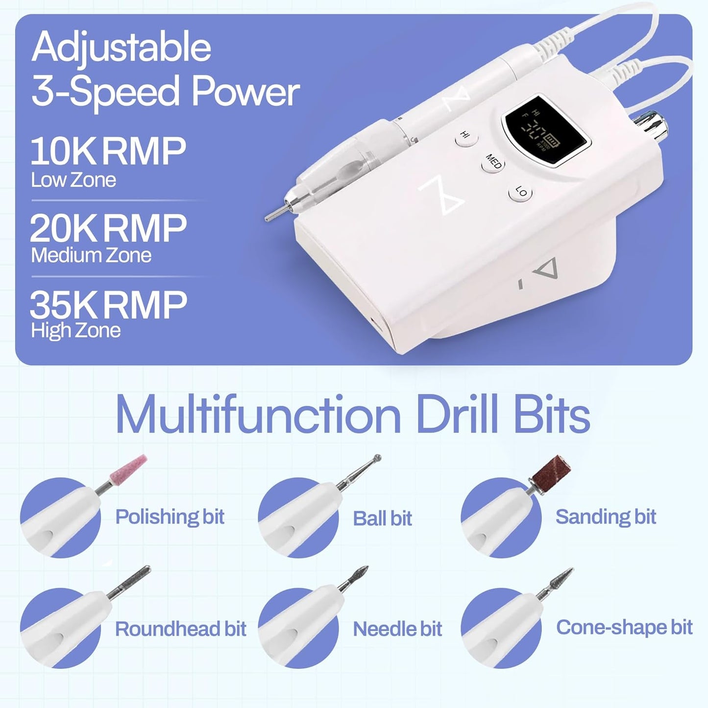 M GEM Brushless Nail Drill 35K RPM | Professional Cordless Efile Machine | Rechargeable Electric Nail File with Bits | Portable Quiet Low Vibration Tool for Acrylic, Gel, Natural Nails (Purple)