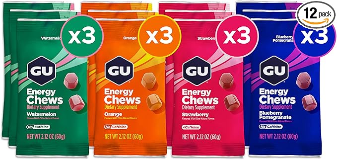 GU Energy Chews, Variety Pack Energy Gummies with Electrolytes, Vegan, Gluten-Free, Kosher, Caffeine/Caffeine-Free, and Dairy-Free On-The-Go Energy for Any Workout, 12 Bags (24 Servings Total)