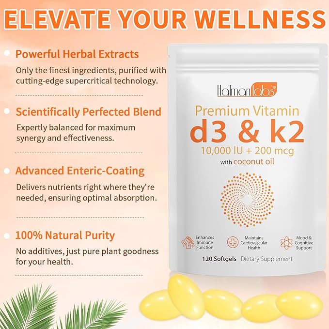 Vitamin D3 K2,D3 K2 Vitamin Supplement,Vitamin D3 and K2,D3 K2 Vitamin Supplement,Replenish Vitamin D3 K2 Coconut Oil Softgels (120)