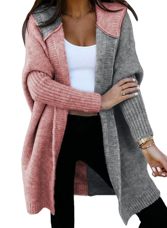 Astylish Womens Oversized Knit Cardigan Sweaters Fall Fashion Loose Color Block Batwing Sleeves Coat Pink Medium