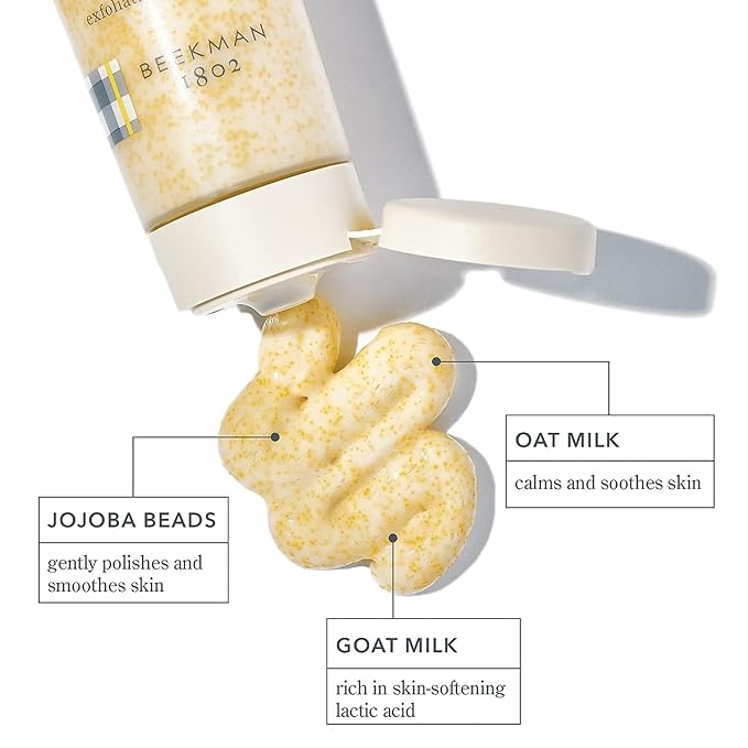 Beekman 1802 Oat + Goat Milk Exfoliating Face Scrub - Gentle Cleansing With Jojoba Bead Facial Exfoliator - Travel Friendly Sensitive Skin Face Cleanser - Fragrance Free
