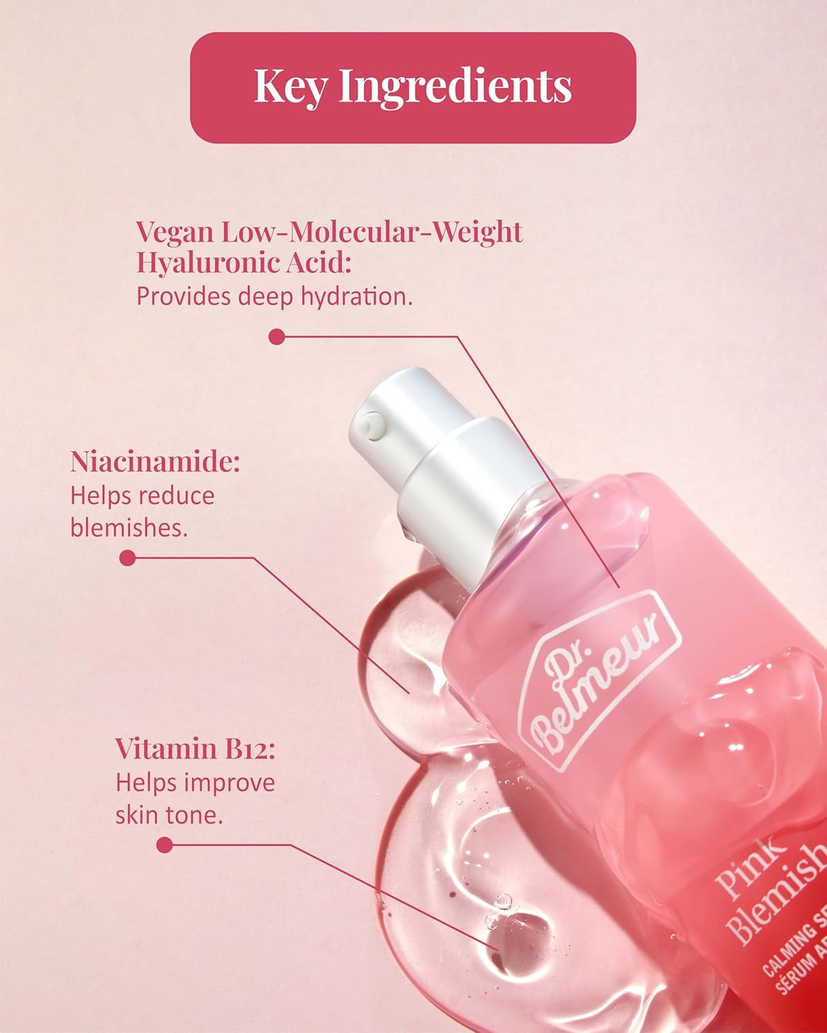 Pink Blemish Calming Serum (1.7fl oz) - Hydrating, Soothing Korean Skin Care for Sensitive Skin. Vegan Hyaluronic Acid, Niacinamide.